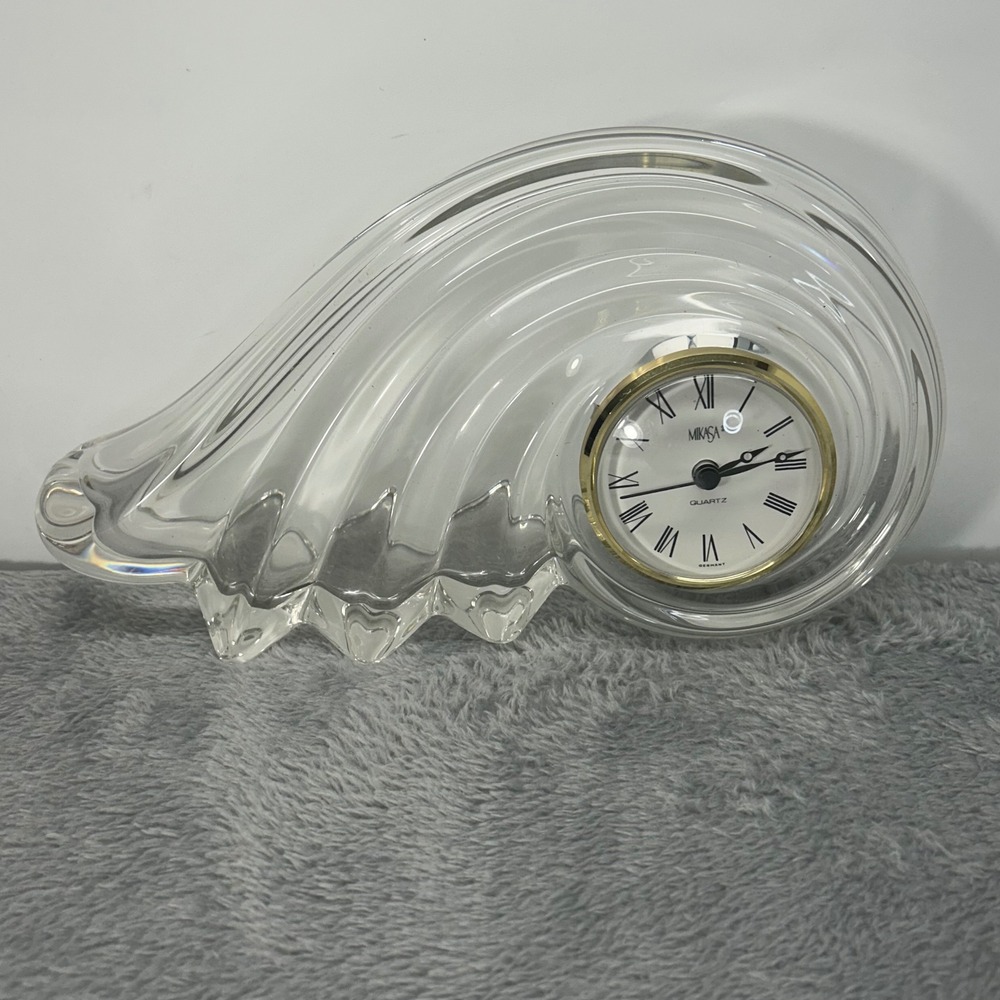 Mikasa Lead Crystal Wave Desk Clock German Quartz Movement Gold Tone Bezel